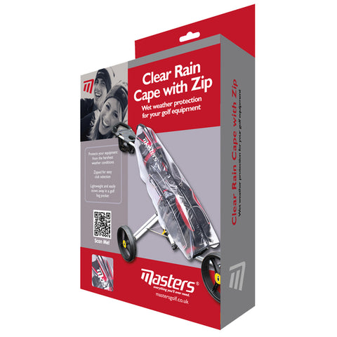 Clear rain cape packaging features a golf bag protected from rain on a cart with wheels. Text highlights product features like lightweight design and zipping for club access.