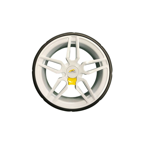 A white alloy wheel is displayed front-facing with a black rubber tire attached yellow accent near the center and a logo in the middle conveying a sporty design suitable for vehicles.