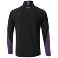 A black long-sleeve jacket features purple accents on the sleeves and collar. It is designed for athletic use, showcasing a sleek, modern style suitable for sports or casual wear.