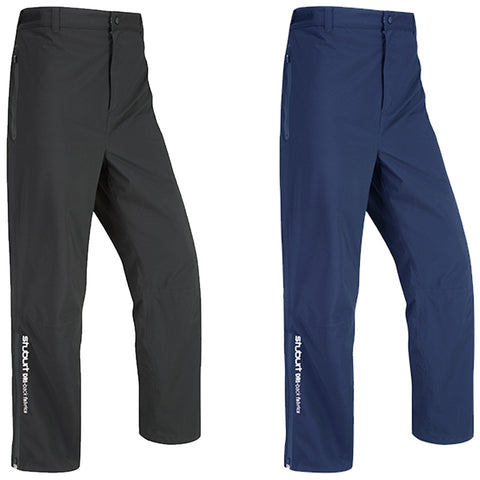 Two pairs of outdoor pants are displayed side by side one in black and the other in navy blue each featuring zippers on the sides and branding on the lower leg.