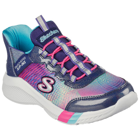 Colorful athletic shoe designed for comfort features a shiny, gradient upper with pink and purple accents intricate lacing system and a thick white sole on a plain background.