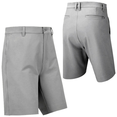 Gray shorts displayed in a frontal and rear view showcasing a tailored design with pockets and a waistband intended for casual or semi-formal wear in warm environments