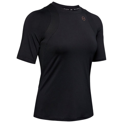 A black short-sleeved athletic shirt features a smooth fabric with textured panels on the shoulders and sides designed for active wear in a fitness or sports context.