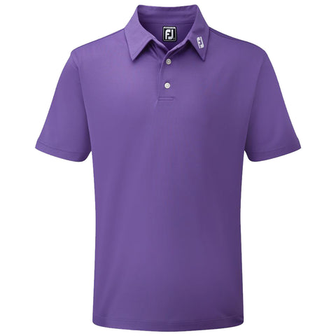 A purple polo shirt with a collar and two buttons is displayed prominently with a logo featuring FJ on the collar. The shirt appears designed for casual or athletic wear.