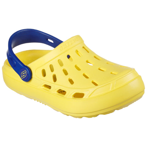 A yellow clog with a blue strap features ventilation holes for breathability and comfort designed for casual wear or outdoor activities sitting in a neutral background