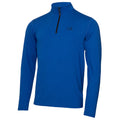 Blue long-sleeve pullover with a zip collar displays a small black logo on the left chest area, suitable for casual or athletic wear in various settings.