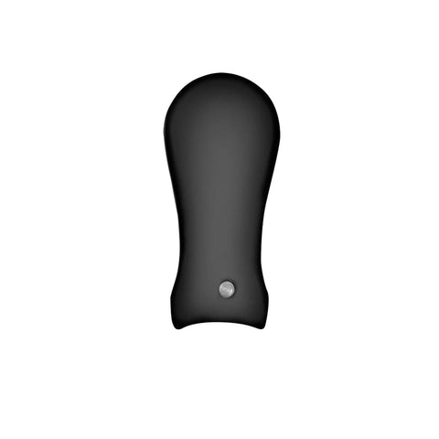 A black, rounded object with a smooth surface and a small button at the base is displayed against a plain background, suggesting a sleek, modern design.