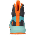 A sneaker features a high-top design with black and turquoise materials complemented by orange accents. It stands upright against a plain background, showcasing its sporty style and color contrast.