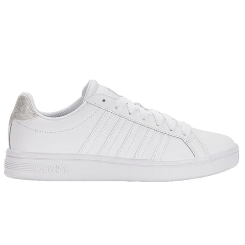 A white sneaker with a smooth leather upper features three parallel stripes and a textured heel cap highlighting its sports style while standing against a neutral background.