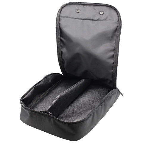 A black zipper case is open revealing a spacious interior with dividers for organization showcasing a smooth textured surface designed for storage and protection of items in various settings