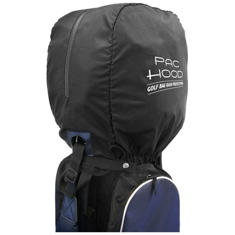 A black rain cover is positioned over a golf bag protecting its contents from moisture while the bag stands upright in an outdoor environment designed for golfing activities. Text reads PAC HOOD GOLF BAG RAIN PROTECTION.