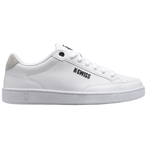 A white sneaker is displayed with laces tied and a logo on the side while showing a smooth leather texture and simple design against a plain background.