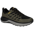 A pair of black and olive hiking shoes with a textured upper and rubber sole sits on a flat surface highlighting its design features suitable for outdoor activities.