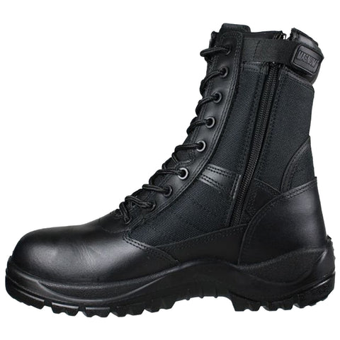 A black tactical boot with a laced front and a side zipper stands upright showcasing its sturdy construction and rugged sole designed for durability in tough environments.