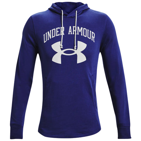 A navy blue hooded sweatshirt features a large white "UNDER ARMOUR" logo across the chest and a prominent white graphic emblem below it, suitable for casual or athletic wear.