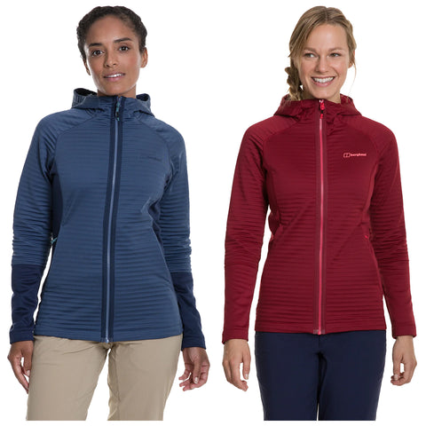 Berghaus Ladies Taagan Fleece Jacket Two women stand side by side wearing hooded jackets. One jacket is navy blue and the other is burgundy. They smile while showcasing the jackets in a plain background.