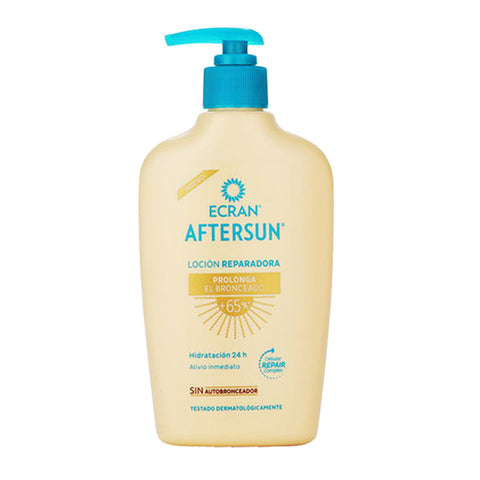 A bottle of Ecran Aftersun lotion is positioned upright with a turquoise pump top depicting a sun logo and labeled with text about prolonging tanning and hydration benefits.