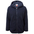 A navy blue fleece jacket with a hood is displayed frontally featuring a zippered closure and a textured, fluffy exterior suitable for warmth and comfort in cool environments.