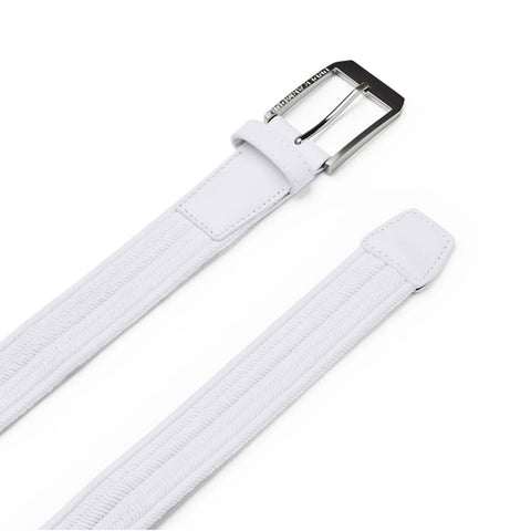 A white belt made of woven material is resting flat with a shiny metal buckle and two flat ends. The background is plain and light-colored, emphasizing the belt's design.