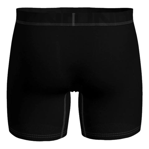 Black boxer shorts are displayed lying flat with a plain design the fabric appears stretchy and fitted suitable for active wear or everyday use against a neutral background