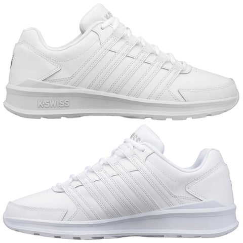 A pair of white athletic shoes is displayed side by side showcasing their sleek design and multiple lace loops with the brand name K-Swiss prominently featured on the side.