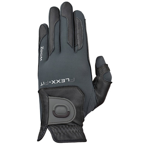 A black and gray glove is positioned flat with fingers extended showcasing a flexible design featuring a sleek fabric back and leather palm emphasizing comfort and grip suitable for sports or outdoor activities.