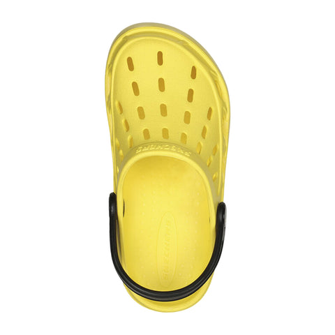 A bright yellow sandal features ventilation holes and a black strap at the heel for secure fitting resting against a neutral background suggesting a focus on casual footwear.