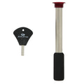 A black golf grip tool with a logo sits next to a metallic shaft with a red cap and a black rubber end in an uncluttered environment for tool display.