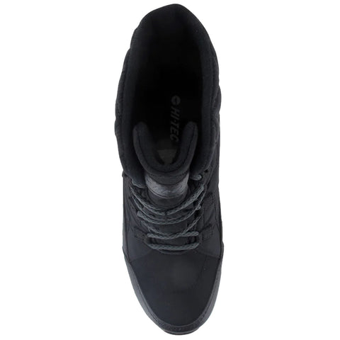 A black high-top boot is displayed with laces tied and a cushioned collar the background is plain showing the shoe's details and materials without distractions.