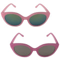 A pair of pink sunglasses rests in two orientations one above the other each featuring large oval lenses one with green tinted lenses and the other with darker gray lenses.