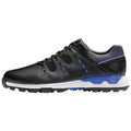 A black athletic shoe with blue accents sits stationary featuring a textured upper and a white sole with blue details designed for performance and comfort in outdoor activities.