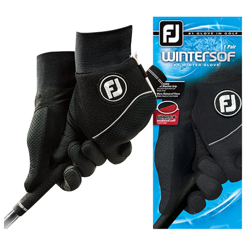 FootJoy Mens WinterSof Gloves (Pair) A pair of black winter golf gloves is gripping a golf club in a close-up view next to an illustrated packaging showcasing their features and branding.