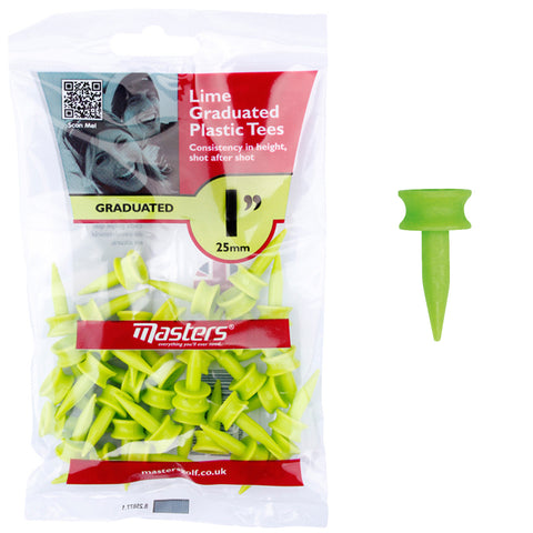 A pack of lime green graduated plastic golf tees is displayed with one tee shown separately. The tees are designed for consistency in height, measuring 25mm. The packaging features branding and a QR code.