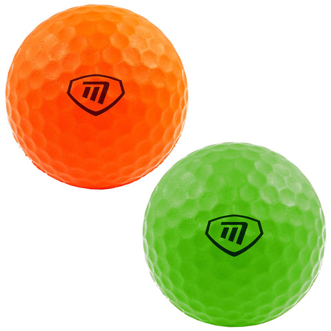 Two textured, colorful balls are displayed side by side with one being orange and the other green both featuring a black logo on their surfaces. They are set against a plain background.