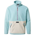 A turquoise fleece pullover with a quarter zipper features a cream-colored lower section and two side pockets showcasing a brand logo on the front.