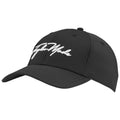 A black baseball cap features white embroidered text on the front that reads TaylorMade showcasing a sleek design suitable for sports or casual wear.