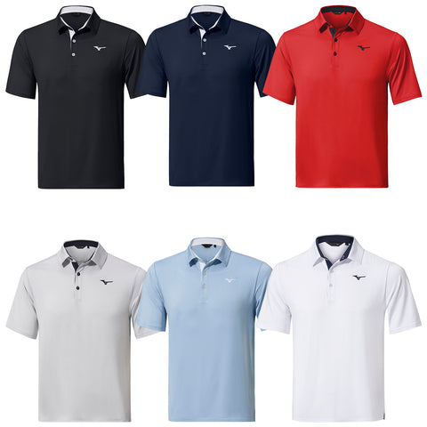 Six polo shirts displayed in two rows featuring colors black navy red gray light blue and white each shirt has a collar and a logo on the chest