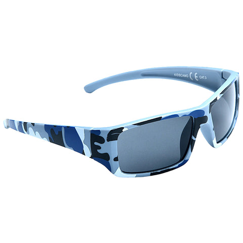 A pair of children's sunglasses features a camouflage pattern in shades of blue and gray with gray lenses designed for outdoor use placed against a plain white background.