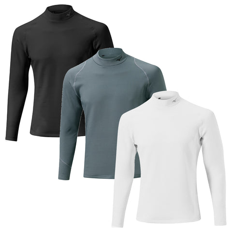 Three long-sleeved turtlenecks are displayed side by side in black gray and white showcasing sleek fabric and design suitable for casual or athletic wear set against a plain background