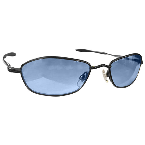 Sunglasses with blue lenses are displayed resting on a surface the design features a sleek black frame and a stylish shape suitable for outdoor activities or fashion use