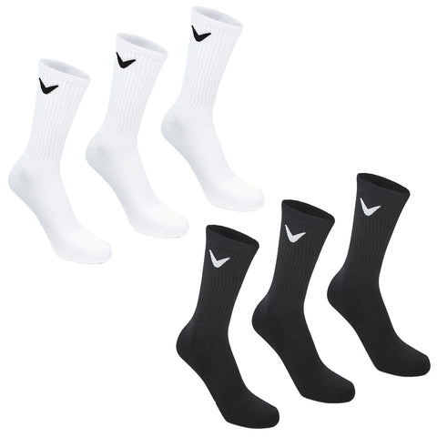 Six pairs of socks are displayed three white and three black with a logo on the side. They are laid out flat against a neutral background.