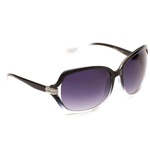 Black sunglasses with purple tinted lenses are positioned upright against a white background highlighting their sleek design and decorative rhinestone accents on the frames