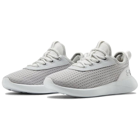 Light gray athletic shoes with mesh fabric are positioned side by side featuring laces and a soft sole designed for comfort and breathability suitable for sports or casual wear