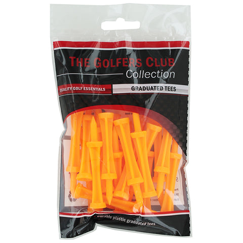 A transparent plastic bag contains multiple orange graduated golf tees arranged neatly inside the bag labeled with branding and usage information for golf essentials.