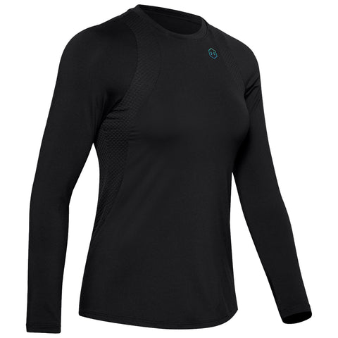 A black long-sleeve athletic shirt features textured side panels and a logo on the chest designed for active wear and exercise in a workout or sports environment.