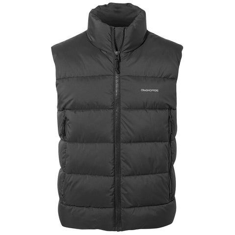 A black sleeveless puffer vest is displayed upright featuring a high collar and a front zipper with two side pockets the fabric appears smooth and insulated suitable for cold weather wear.