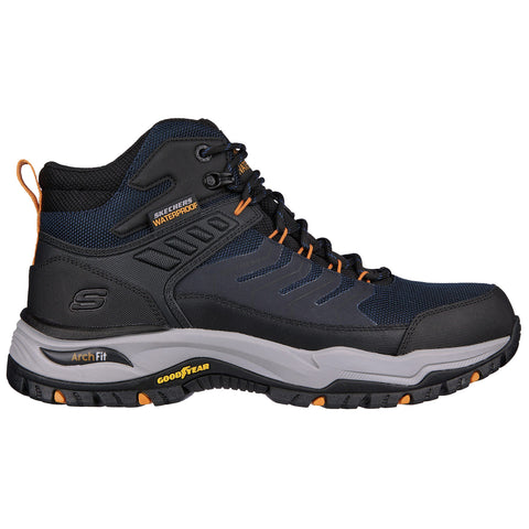 A rugged black and blue mid-top hiking boot stands upright showcasing its waterproof material while emphasizing its arch support features and durable sole designed for outdoor activities.