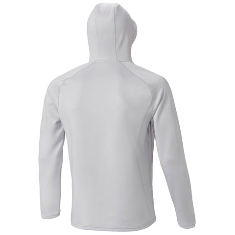 A gray long-sleeve hooded shirt is displayed facing away from the viewer showcasing its smooth fabric and fitted design in a neutral background.