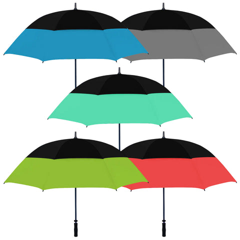 Five umbrellas are displayed in a vertical arrangement featuring a black top and colorful lower halves in shades of blue green lime gray and red against a neutral background.