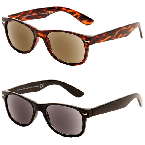 Two pairs of sunglasses are displayed with one pair featuring a tortoiseshell design and brown lenses positioned above a black pair with dark lenses both showcasing stylish frames.